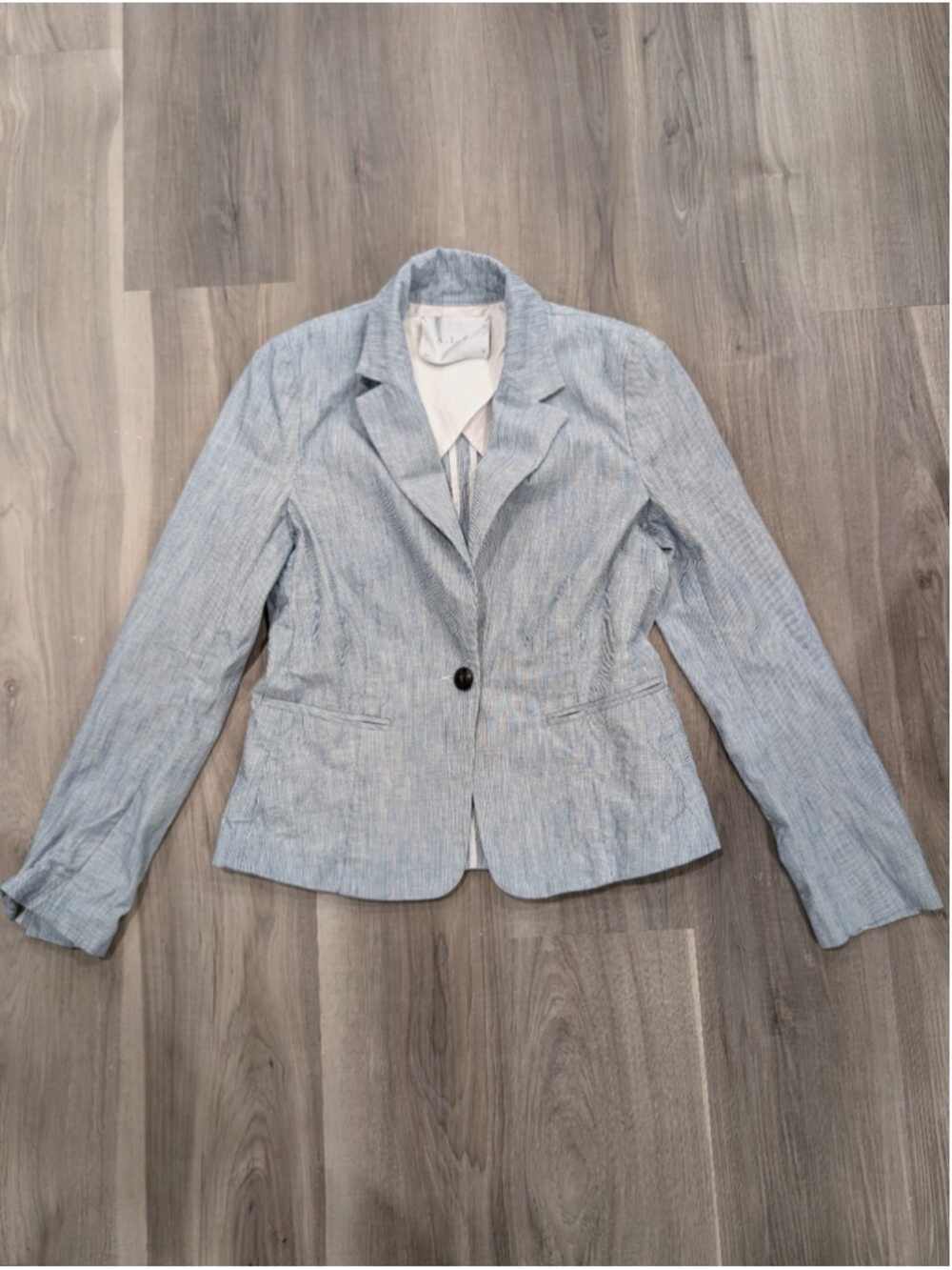 A.L.C. | Striped Cotton Linen Single Button Blazer in Blue and White